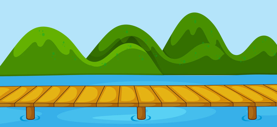 卡通空旷的公园景色 桥过河 风格简单风景主题河流