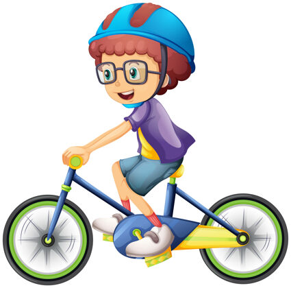 表情一个骑自行车的男孩卡通人物孤立于白色可爱童年男孩