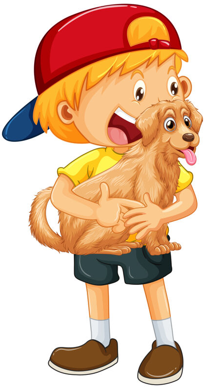 哺乳动物快乐男孩卡通人物拥抱一只可爱的狗快乐标牌教育