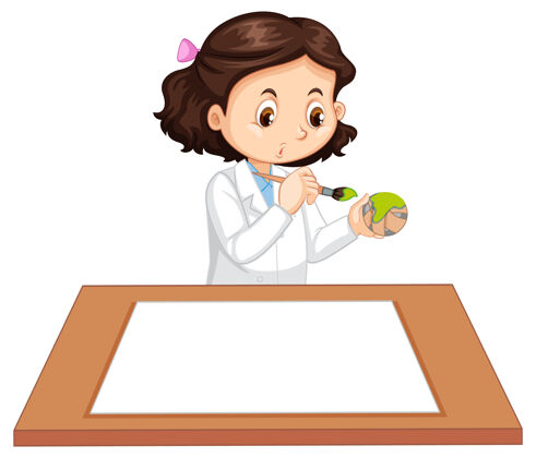 教育可爱的女孩穿着科学家制服 桌子上放着白纸小人学生
