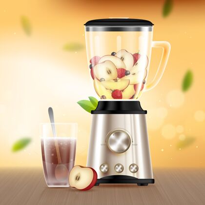 水果现实的果汁在搅拌机玻璃插图健康饮料水果冰沙