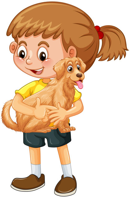 动物快乐女孩卡通人物拥抱一只可爱的狗小幼儿园小