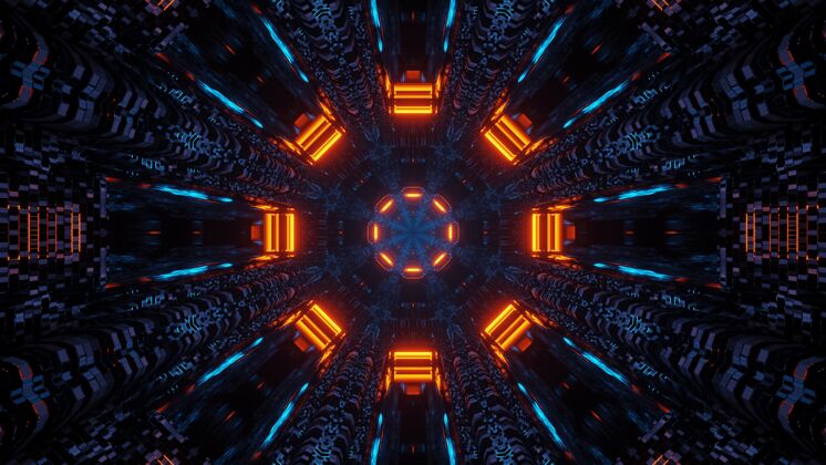 抽象未来科幻八角曼荼罗与霓虹灯蓝色和橙色的设计霓虹灯宗教未来