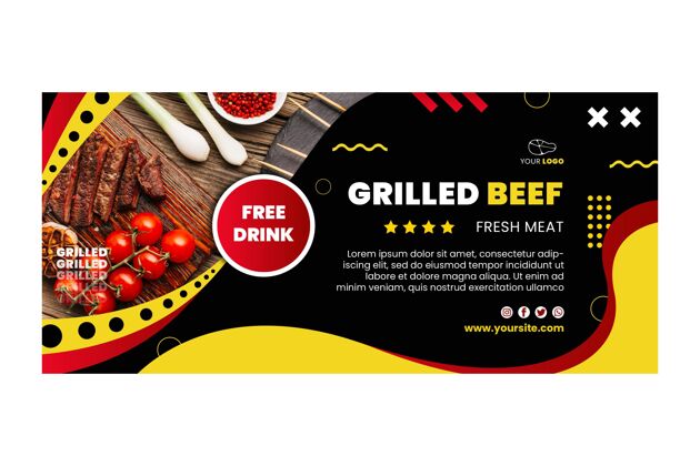 烤牛肉烧烤横幅设计与免费饮料推广模板横幅模板免费饮料食品