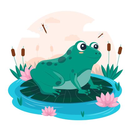 绿色有机平面可爱青蛙插图可爱动物自然