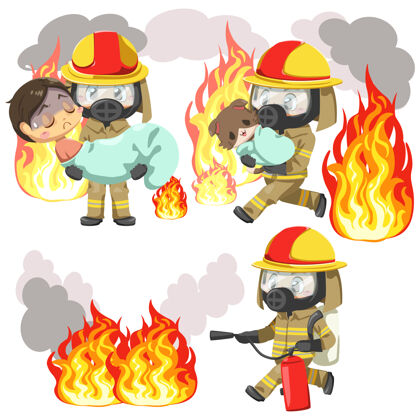 头盔一套英雄男子穿着消防员制服和防毒面具帮助人和动物消防员专业部门