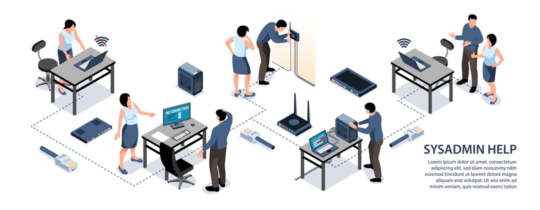 信息图系统管理员帮助办公室工作人员修复互联网连接三维等轴测信息图形插图等轴测工人修复