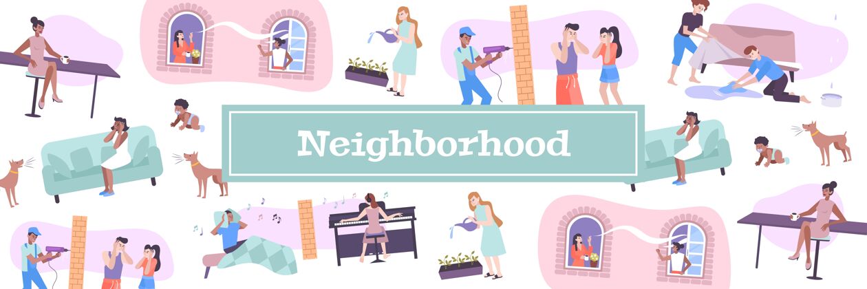 房子房子邻居插图与宠物和儿童噪音符号单位孩子公寓邻居