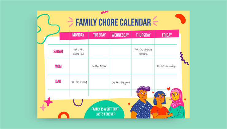 周创意丰富多彩的每周家务家庭日历计划时间日期