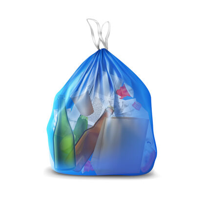 垃圾透明塑料袋与垃圾现实组成的半透明容器装满了纸和玻璃瓶一次性清除袋