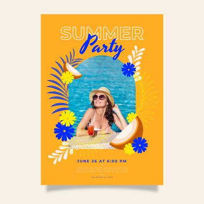 季节有机平面夏季聚会垂直海报模板与照片夏季派对海报准备印刷有机平面