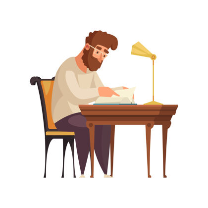 书架老图书馆内部组成了一个具有人性的大胡子男人在桌边看书剪贴画木材桌子