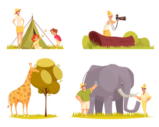 家庭Safari旅行概念平面有趣的组成与长颈鹿吃树叶家庭帐篷外树冒险狩猎
