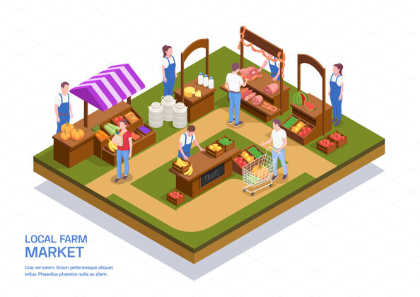 新鲜彩色等距组成与农民出售新鲜肉类水果蔬菜和奶制品在当地农贸市场三维插图三维水果农民