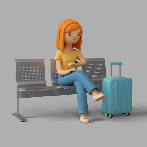 姿势3d女性角色坐在机场查看时间女性3d模型位置