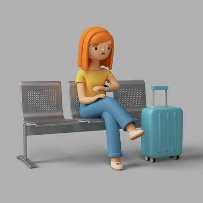 姿势3d女性角色坐在机场查看时间女性3d模型位置