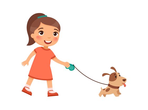 休闲快乐的小女孩牵着一条可爱的小狗走着女孩动物女性