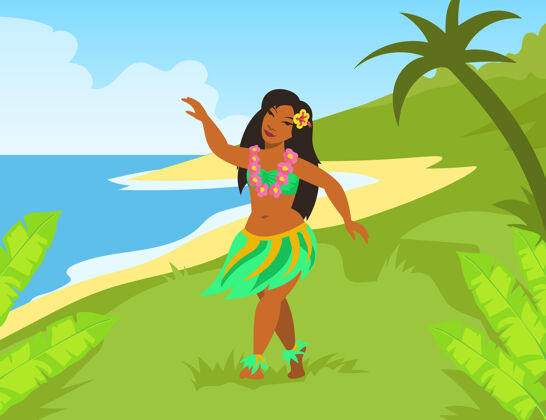 海洋穿着民族服装在海边跳舞的夏威夷女人夏威夷风景夏威夷