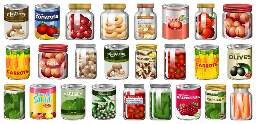 蔬菜一套不同的罐头食品和食品罐隔离玉米番茄杂货店