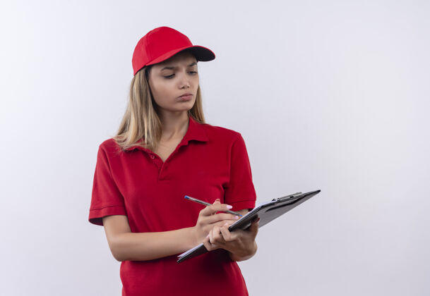帽子想着年轻的送货女孩穿着红色制服 戴着帽子写在白纸上女人剪贴板手势