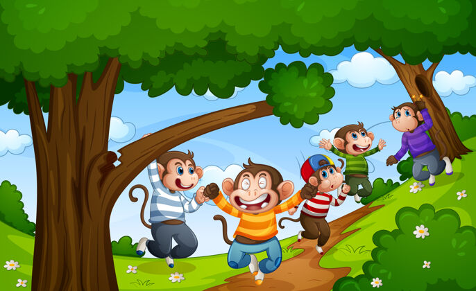 动物群五只小猴子在森林里跳跃孩子活动生物