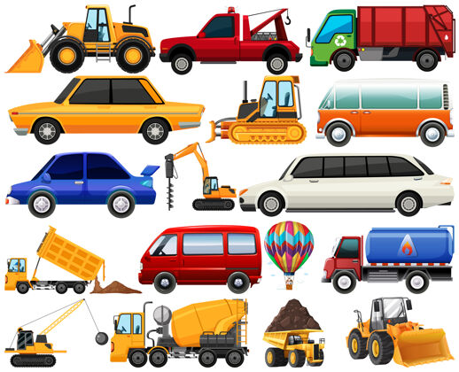 自动一套不同种类的汽车和卡车隔离在白色背景上汽车机器轮船