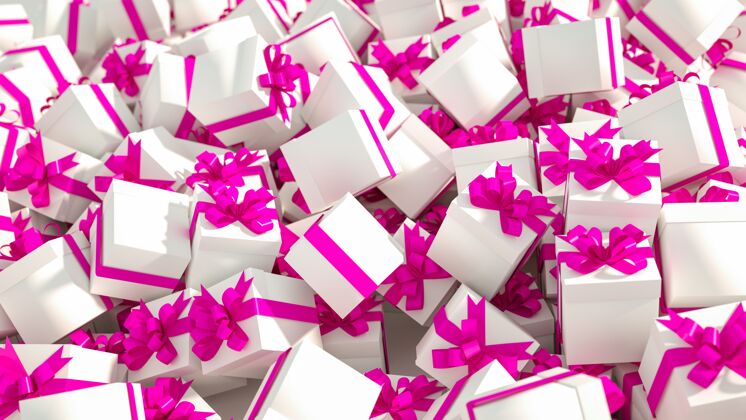 粉色一堆带粉色丝带的白色礼盒婚礼盒子白色