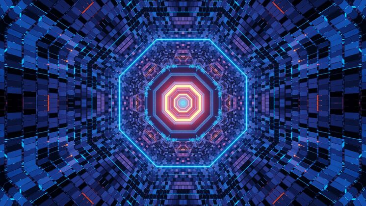 管生动抽象的迷幻八角走廊模式为背景与蓝色和紫色的颜色神秘效果梦想