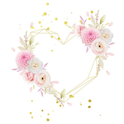 乡村美丽的花环与水彩粉红玫瑰毛茛和大丽花优雅花朵水彩