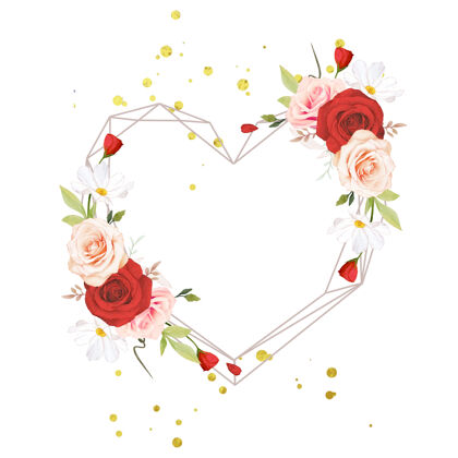 手绘美丽的花环与水彩画粉红和红玫瑰爱开花玫瑰花