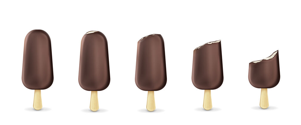 咬冰棒冰激凌上的棒子从整排到被咬孤立的白色上木头冰淇淋覆盖