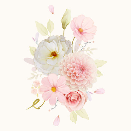 手绘一束水彩玫瑰和粉色大丽花优雅花束植物