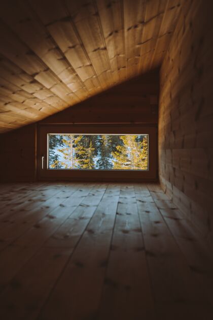 村庄垂直拍摄一个舒适的阁楼与一个窗口的看法 森林覆盖着雪在挪威山谷屋顶旧的