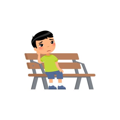 不健康可怜的亚洲小男孩不开心的孩子坐在长椅上长凳休息生病