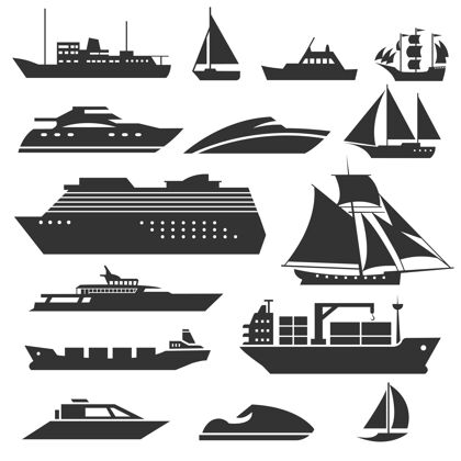 集装箱船和船驳船 游轮 航运和渔船标志黑色轮廓的海洋车辆插图海运帆船海洋
