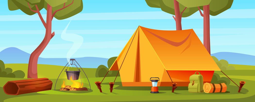 概念夏令营在森林与篝火帐篷背包和灯笼卡通景观插图景观休闲自然