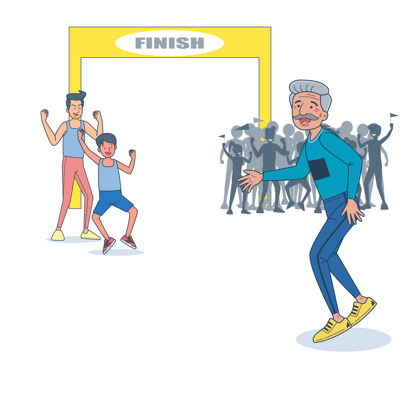 卡通精力充沛的老人跑马拉松健美操健康男性