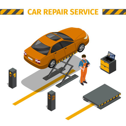 车间汽车维修服务或轮胎服务等轴测三维插图机械维修诊断