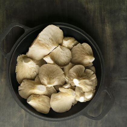 细节平躺在锅里的蘑菇美味美食俯视图