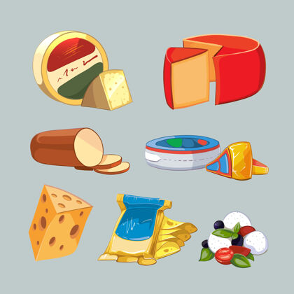 乳制品包装中的奶酪卡通风格的矢量集奶酪食品 产品牛奶奶酪 早餐奶酪新鲜插图食品配料套装