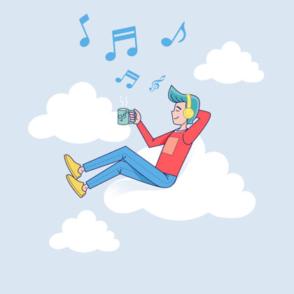 电脑大孤人用耳机听音乐连接到云服务器与咖啡矢量插图卡通人物娱乐音频快乐