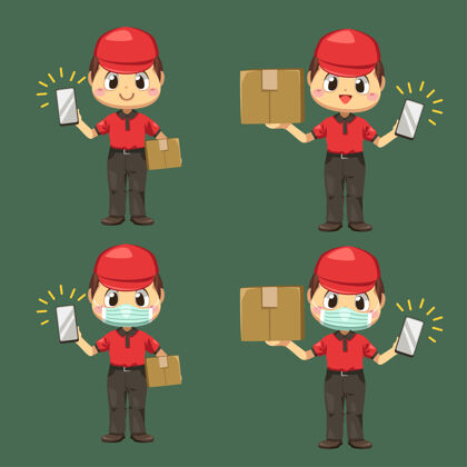工人送货员穿着制服 戴着帽子 带着包裹盒 用卡通人物 孤立的平面插图登记手机设置订单活动