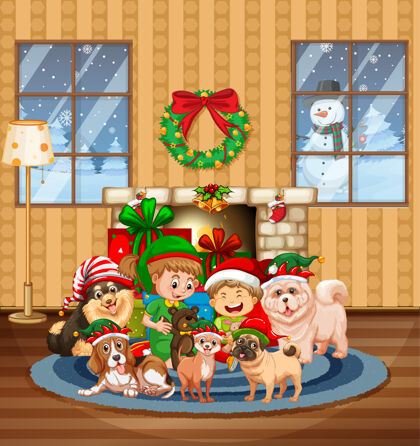 雪圣诞室内场景有很多孩子和可爱的狗谊狗