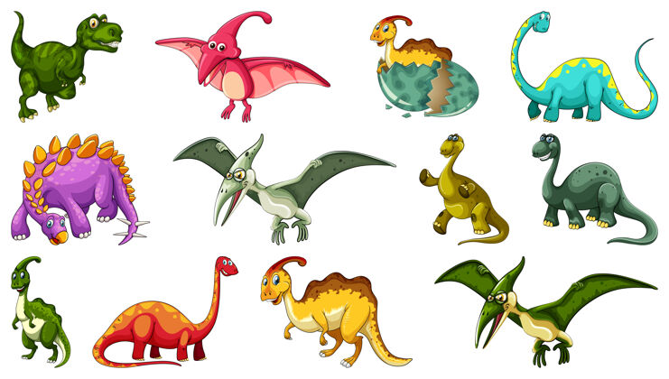 收藏一套不同的恐龙卡通人物隔离三角龙捕食者剑龙