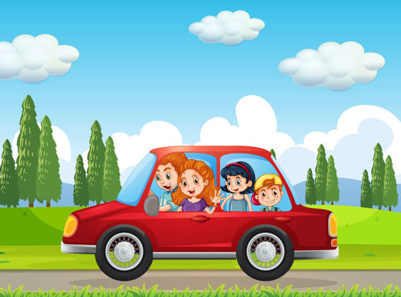 道路一家人乘坐红色汽车在大自然中畅游家庭车轮汽车