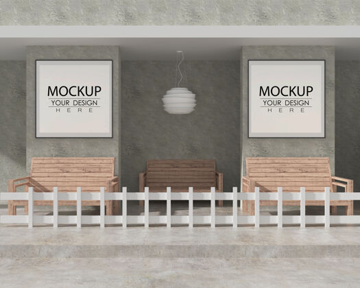 外面带长凳的露台上的墙壁艺术或画框模型公寓Psd墙