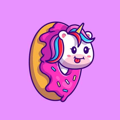 卡瓦伊可爱的独角兽甜甜圈卡通插图平面卡通风格吉祥物蓬松雌性