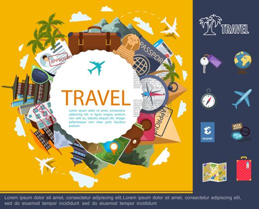 文件世界各地的平面旅行概念与全球飞机行李地图文件太阳镜罗盘相机票和著名景点插图 世界机票周围