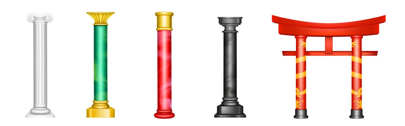正面古色古香的柱子 古色古香的柱子上有金色的装饰和红 绿 白或黑的纹理细节传统豪华