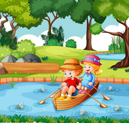 卡通男孩和女孩在公园划船船划船表达